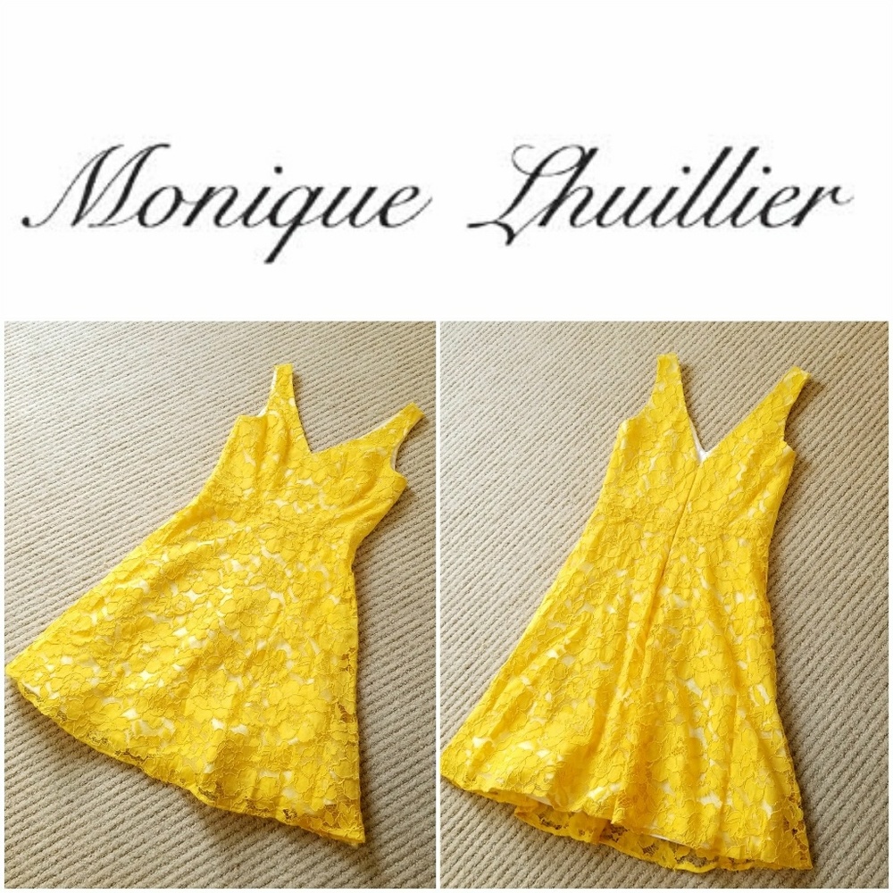 NWT Monique Lhuillier Yellow Lace Cocktail Dress - Picture 3 of 8